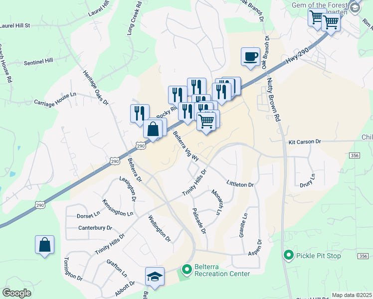 map of restaurants, bars, coffee shops, grocery stores, and more near 168 Belterra Village Way in Austin