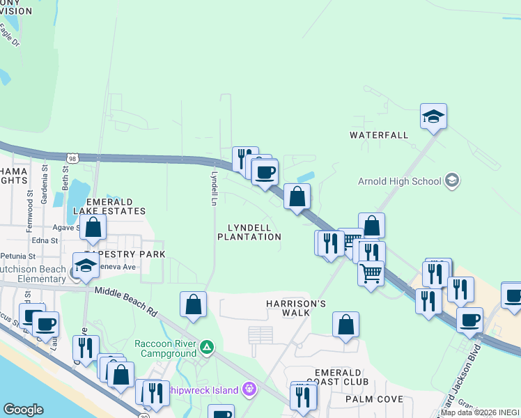 map of restaurants, bars, coffee shops, grocery stores, and more near 12237 Lyndell Plantation Drive in Panama City Beach