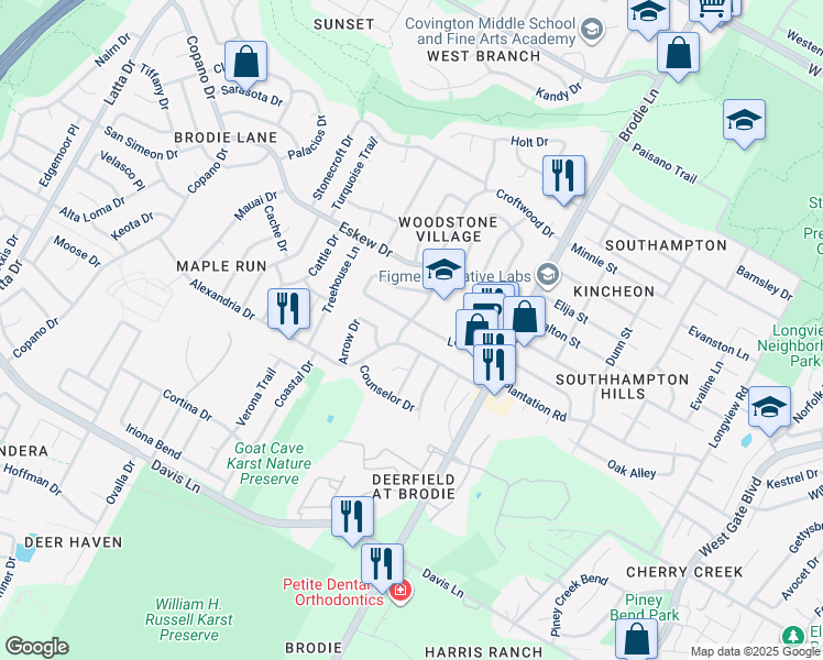 map of restaurants, bars, coffee shops, grocery stores, and more near 3701 Alexandria Drive in Austin