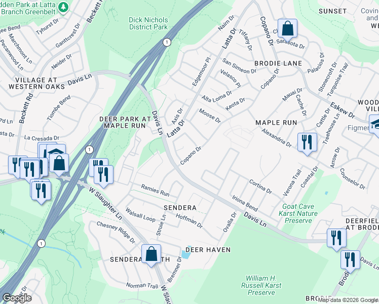 map of restaurants, bars, coffee shops, grocery stores, and more near 8813 Barrow Glen Loop in Austin