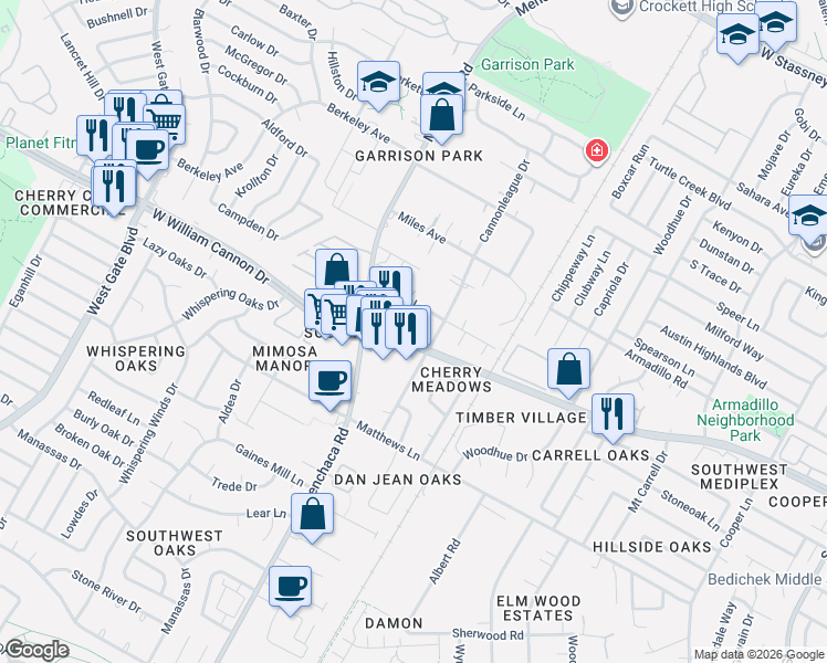 map of restaurants, bars, coffee shops, grocery stores, and more near 1900 West William Cannon Drive in Austin