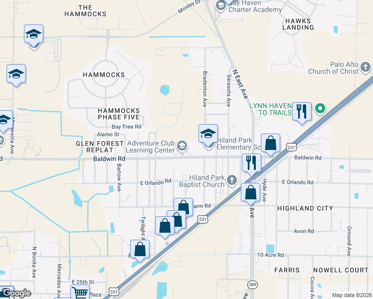 map of restaurants, bars, coffee shops, grocery stores, and more near 2501 East Baldwin Road in Panama City