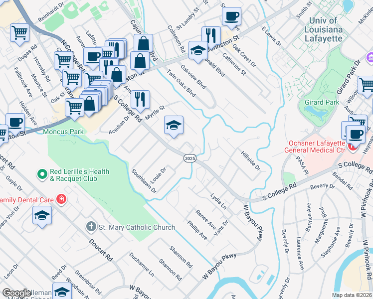 map of restaurants, bars, coffee shops, grocery stores, and more near 101 Park Ridge Lane in Lafayette