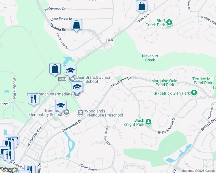 map of restaurants, bars, coffee shops, grocery stores, and more near 15 Wooded Path Place in The Woodlands