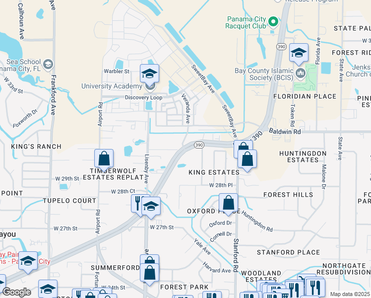 map of restaurants, bars, coffee shops, grocery stores, and more near 1303 Florida 390 in Panama City