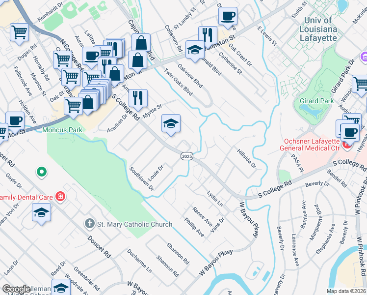 map of restaurants, bars, coffee shops, grocery stores, and more near 101 Park Ridge Lane in Lafayette