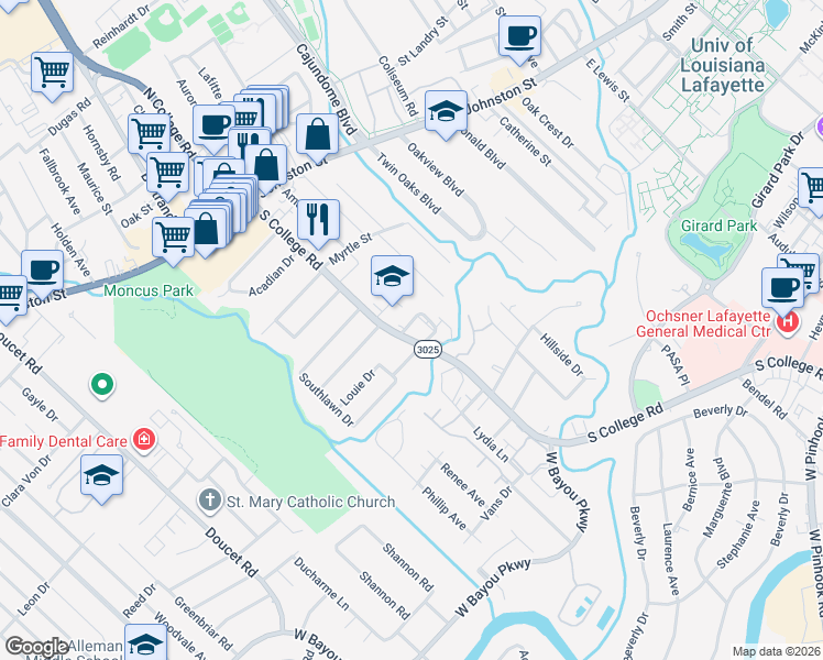 map of restaurants, bars, coffee shops, grocery stores, and more near 710 South College Road in Lafayette