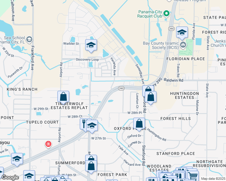 map of restaurants, bars, coffee shops, grocery stores, and more near 1309 Highway 390 in Panama City