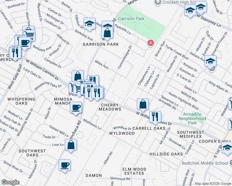 map of restaurants, bars, coffee shops, grocery stores, and more near 1714 Bissel Lane in Austin