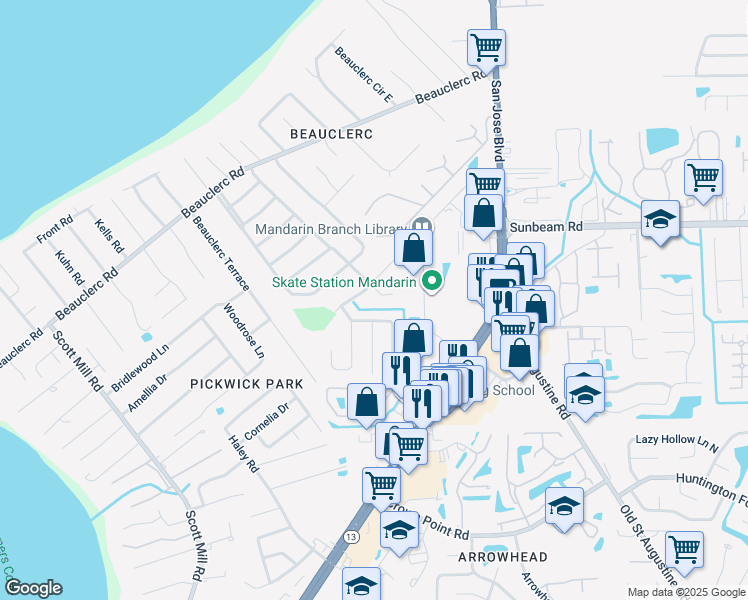 map of restaurants, bars, coffee shops, grocery stores, and more near 3381 North Viceroy Drive in Jacksonville