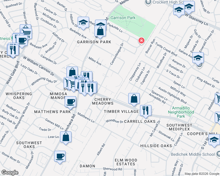 map of restaurants, bars, coffee shops, grocery stores, and more near 6803 Meadow Circle in Austin