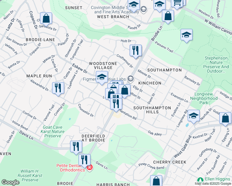 map of restaurants, bars, coffee shops, grocery stores, and more near 3603 Leafield Drive in Austin