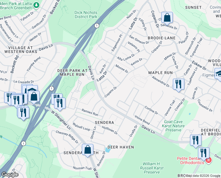 map of restaurants, bars, coffee shops, grocery stores, and more near 8813 Barrow Glen Loop in Austin
