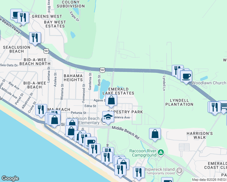 map of restaurants, bars, coffee shops, grocery stores, and more near Emerald Lake Drive in Panama City Beach