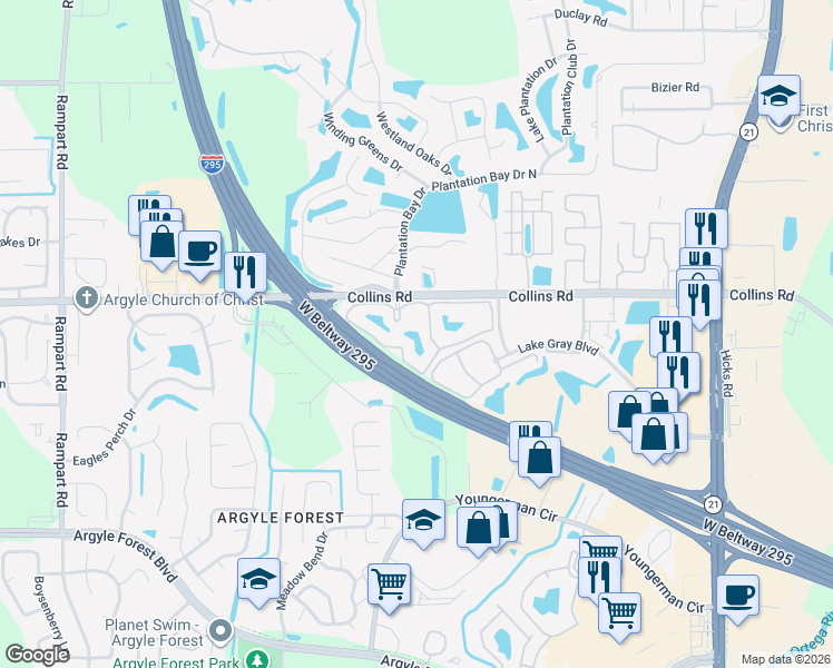 map of restaurants, bars, coffee shops, grocery stores, and more near 6710 Collins Road in Jacksonville