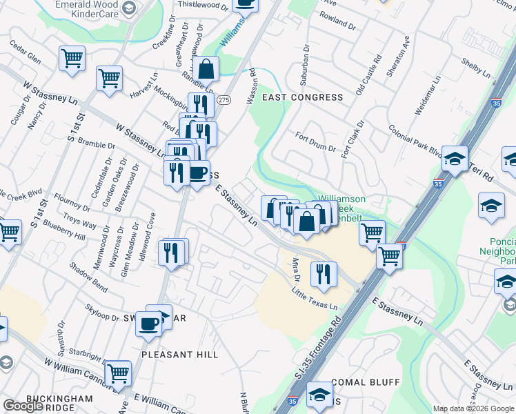 map of restaurants, bars, coffee shops, grocery stores, and more near 505 East Stassney Lane in Austin