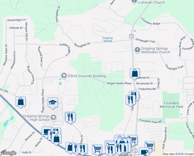 map of restaurants, bars, coffee shops, grocery stores, and more near Baird Lane in Dripping Springs