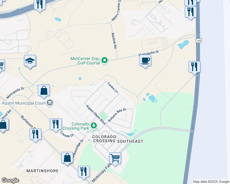 map of restaurants, bars, coffee shops, grocery stores, and more near 7220 Spirit Hill Road in Austin