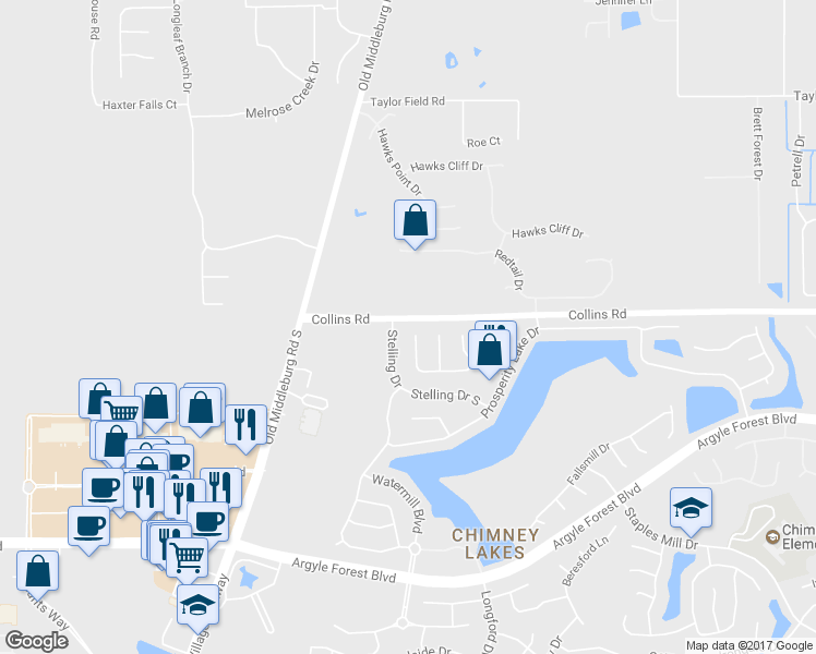 map of restaurants, bars, coffee shops, grocery stores, and more near 9526 Daniel's Mill Drive in Jacksonville
