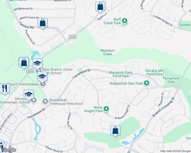 map of restaurants, bars, coffee shops, grocery stores, and more near 91 Player Oaks Place in The Woodlands