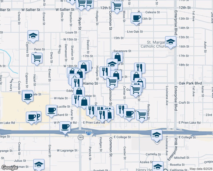 map of restaurants, bars, coffee shops, grocery stores, and more near 2912 Common Street in Lake Charles
