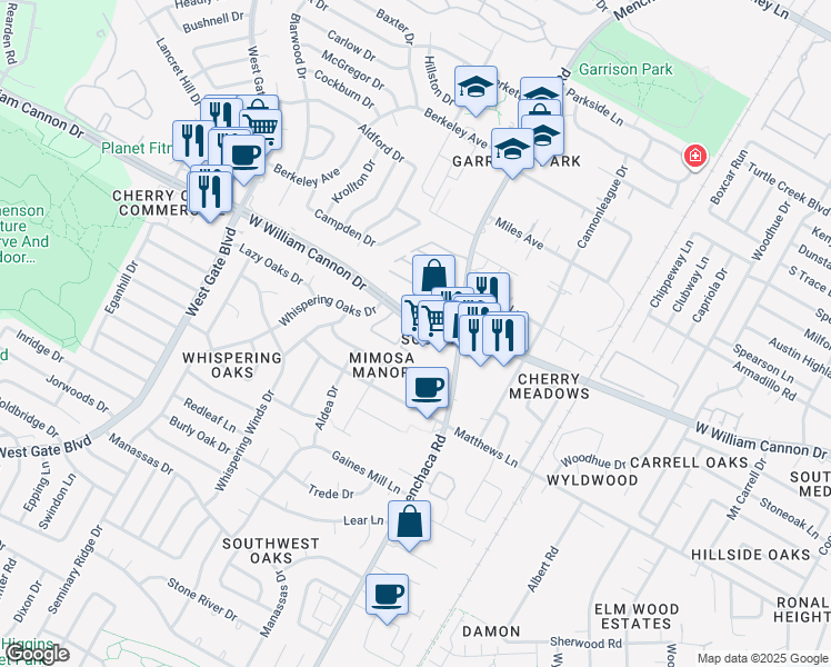 map of restaurants, bars, coffee shops, grocery stores, and more near 2121 West William Cannon Drive in Austin