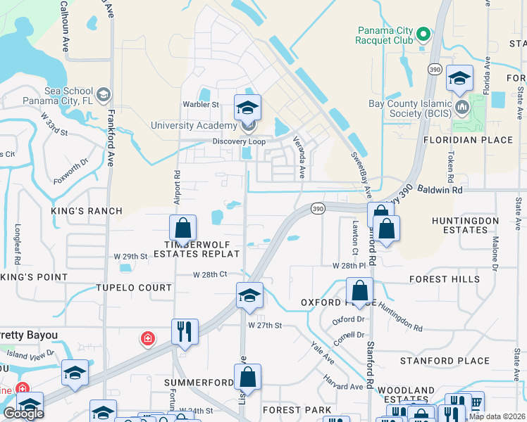 map of restaurants, bars, coffee shops, grocery stores, and more near 1305 West 30th Street in Panama City