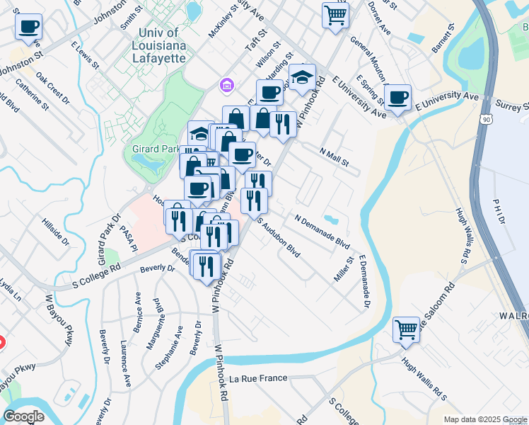 map of restaurants, bars, coffee shops, grocery stores, and more near 131 S Audubon Blvd in Lafayette