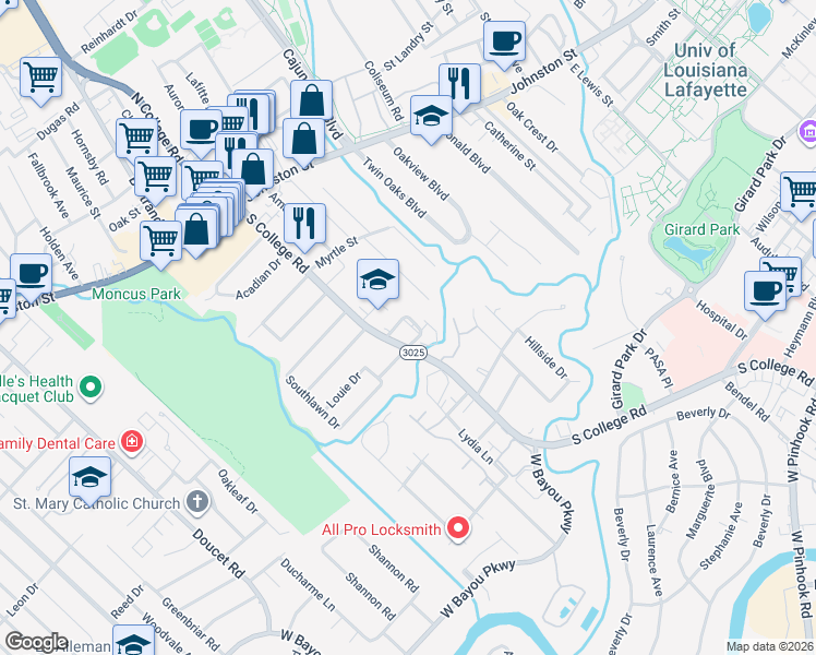 map of restaurants, bars, coffee shops, grocery stores, and more near 101 Park Ridge Lane in Lafayette