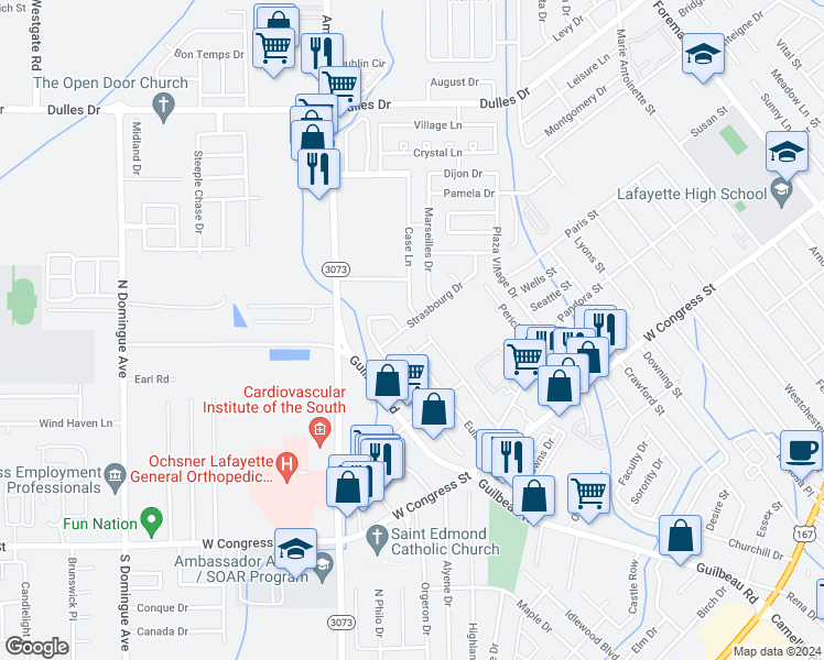 map of restaurants, bars, coffee shops, grocery stores, and more near 505 Strasbourg Drive in Lafayette