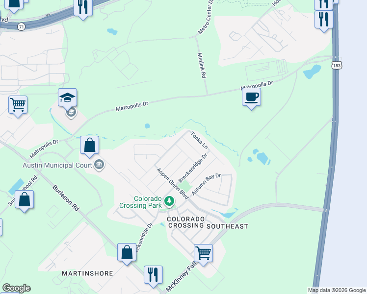 map of restaurants, bars, coffee shops, grocery stores, and more near 3501 Black Granite Drive in Austin