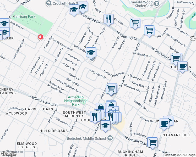 map of restaurants, bars, coffee shops, grocery stores, and more near 806 Eberhart Lane in Austin