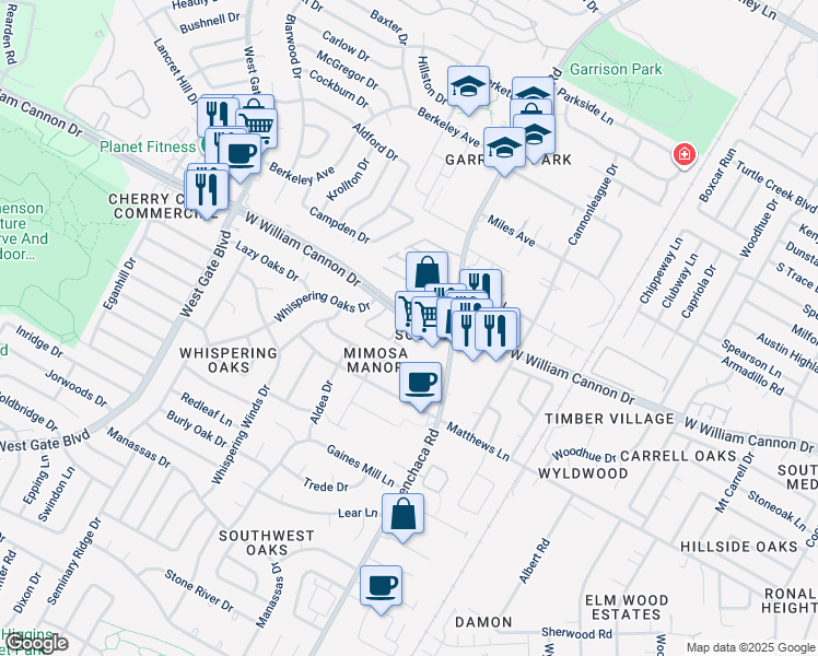 map of restaurants, bars, coffee shops, grocery stores, and more near 2121 West William Cannon Drive in Austin