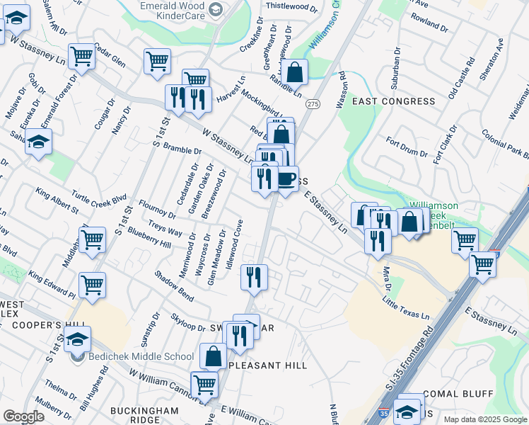 map of restaurants, bars, coffee shops, grocery stores, and more near 5800 South Congress Avenue in Austin