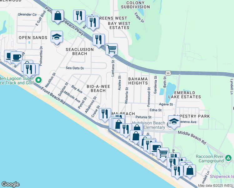 map of restaurants, bars, coffee shops, grocery stores, and more near 409 Azalea Street in Panama City