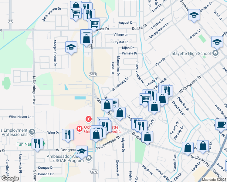 map of restaurants, bars, coffee shops, grocery stores, and more near 405 Strasbourg Drive in Lafayette