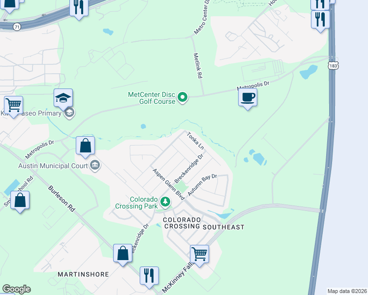 map of restaurants, bars, coffee shops, grocery stores, and more near 3501 Black Granite Drive in Austin