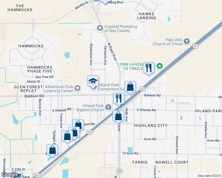 map of restaurants, bars, coffee shops, grocery stores, and more near 3017 Headland Avenue in Panama City