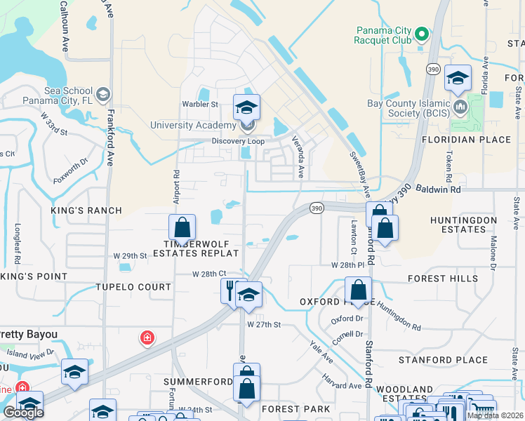 map of restaurants, bars, coffee shops, grocery stores, and more near 1305 West 30th Street in Panama City