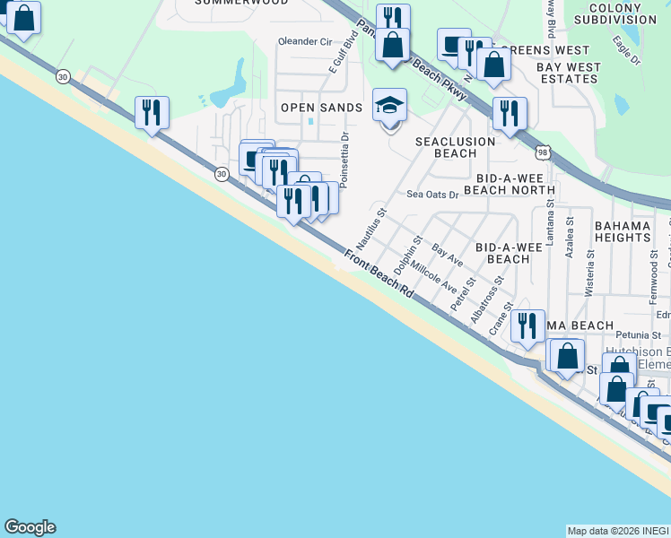 map of restaurants, bars, coffee shops, grocery stores, and more near 14401 Front Beach Road in Panama City