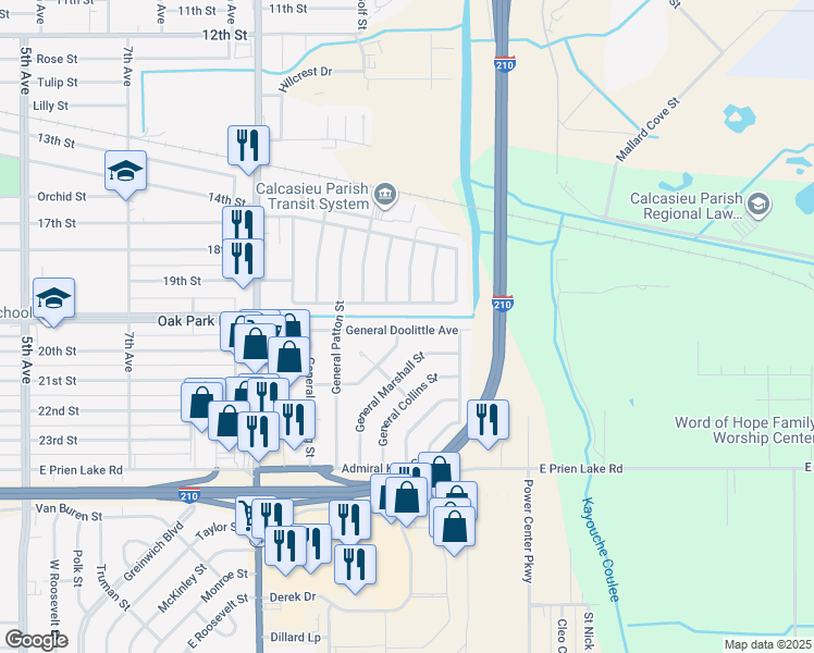 map of restaurants, bars, coffee shops, grocery stores, and more near 2904 General Mitchell St in Lake Charles