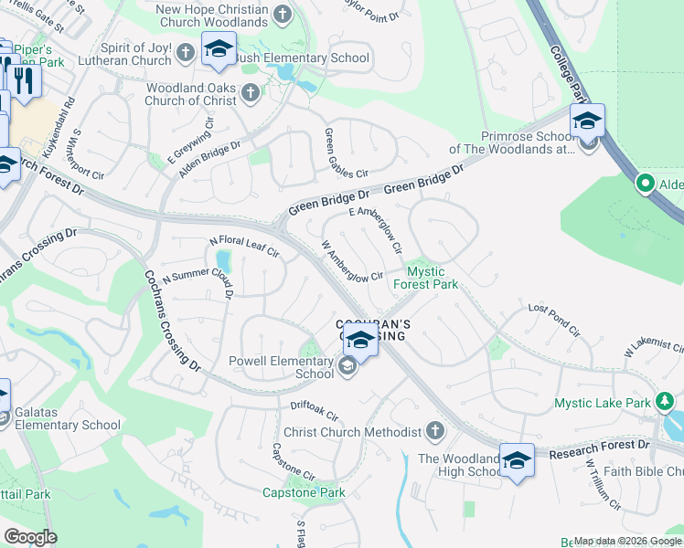 map of restaurants, bars, coffee shops, grocery stores, and more near 198 West Amberglow Circle in Spring