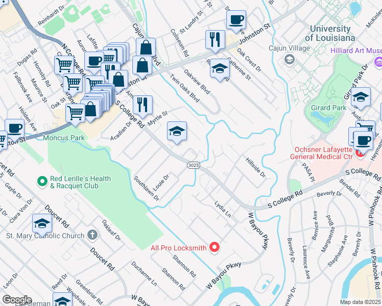 map of restaurants, bars, coffee shops, grocery stores, and more near 701 South College Road in Lafayette