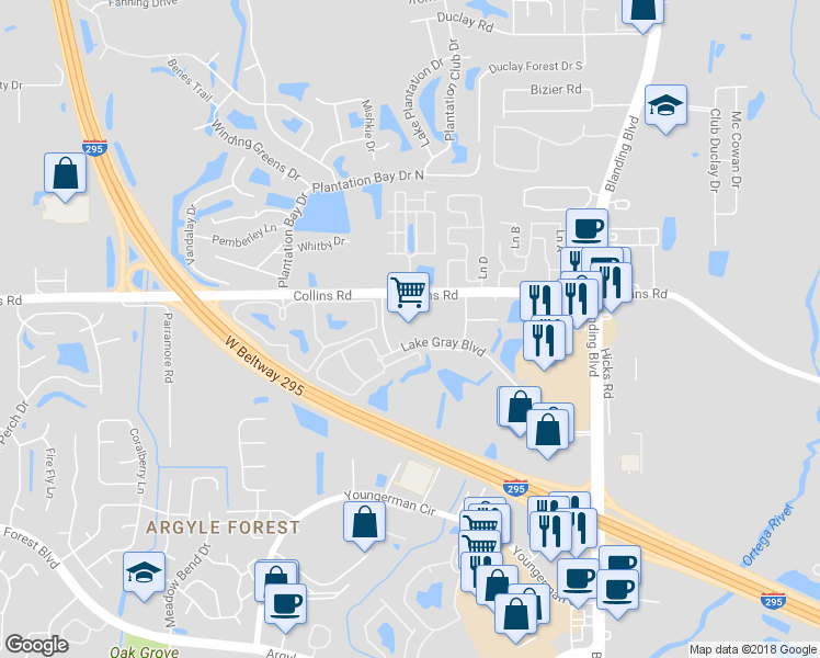 map of restaurants, bars, coffee shops, grocery stores, and more near 6255 Lake Gray Boulevard in Jacksonville