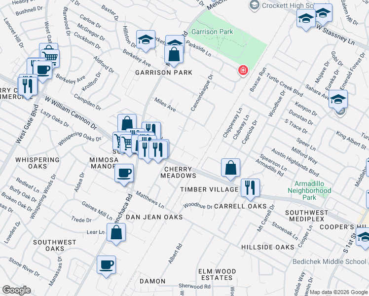 map of restaurants, bars, coffee shops, grocery stores, and more near 1800 Bissel Lane in Austin