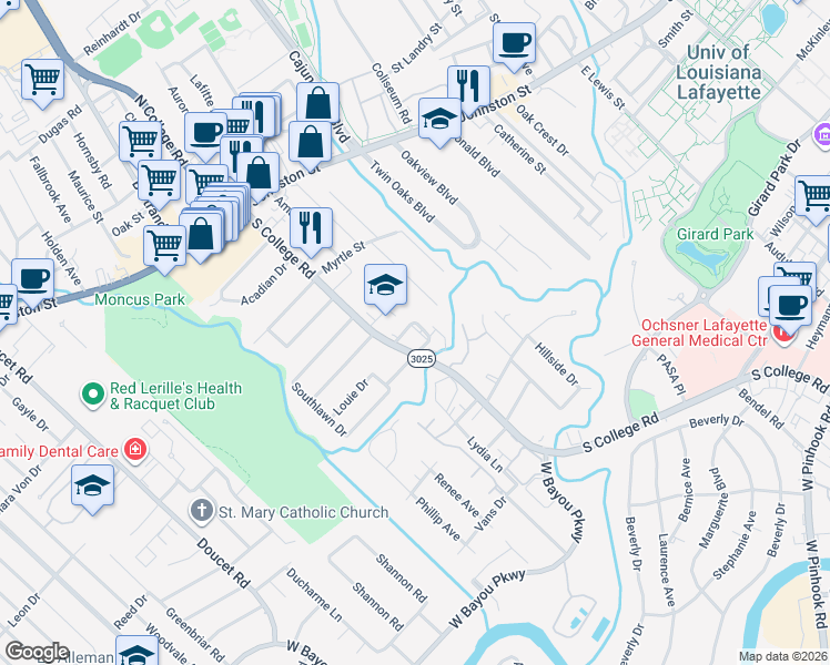 map of restaurants, bars, coffee shops, grocery stores, and more near 101 Park Ridge Lane in Lafayette