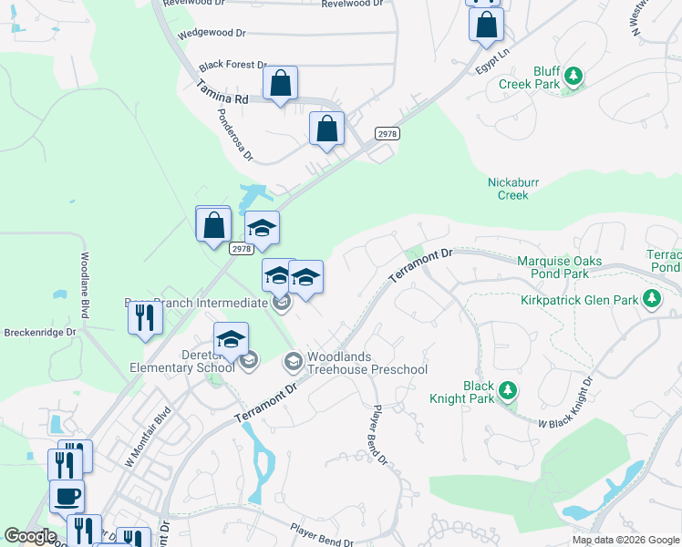 map of restaurants, bars, coffee shops, grocery stores, and more near 24 Wooded Path Place in The Woodlands