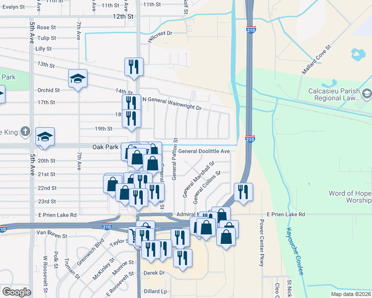 map of restaurants, bars, coffee shops, grocery stores, and more near 2828 General Doolittle Ave in Lake Charles