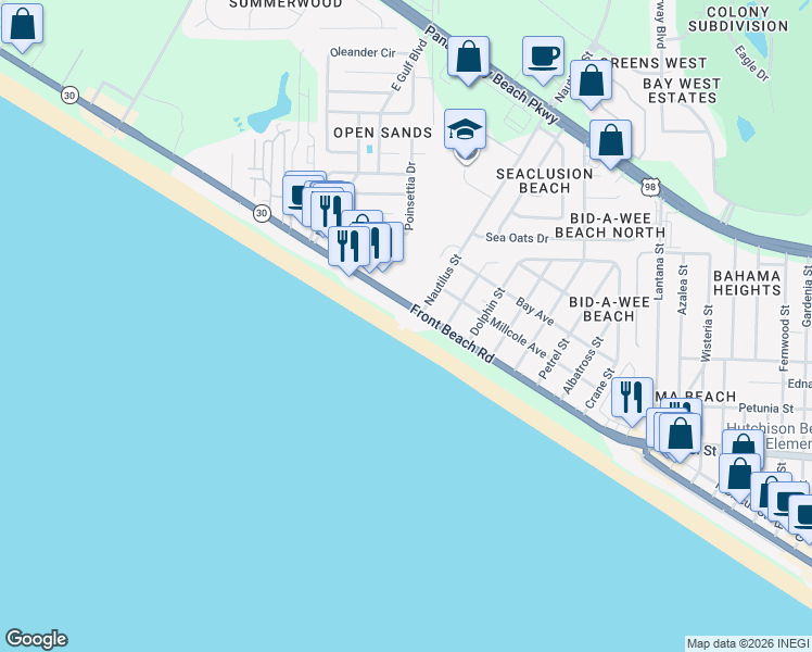 map of restaurants, bars, coffee shops, grocery stores, and more near 14320-14324 Front Beach Rd in Panama City Beach