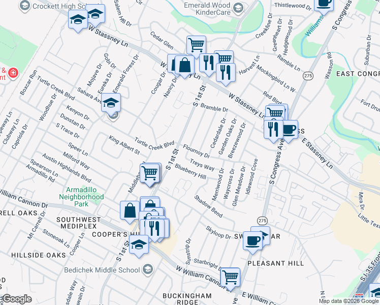 map of restaurants, bars, coffee shops, grocery stores, and more near 607 Treys Way in Austin